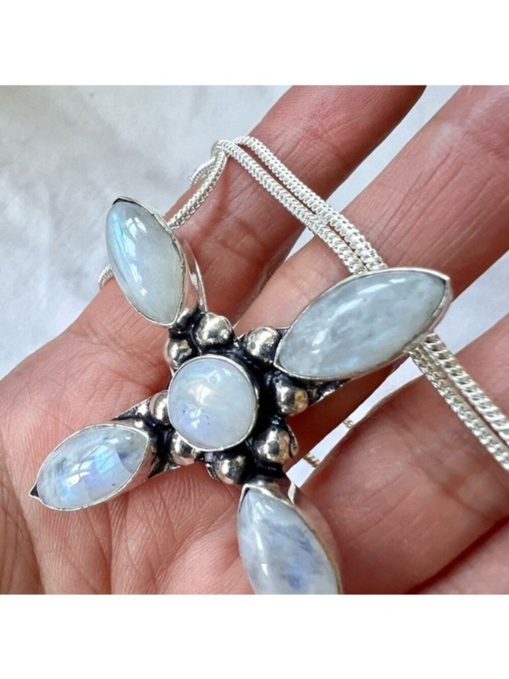 925 Majestic! Rainbow Flash Moonstone Cross Pendant Necklace - Picture 5 of 7